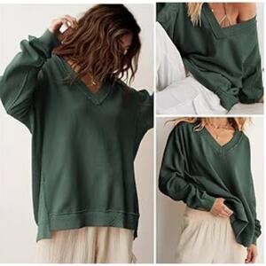 Aerie Vacay Every Day Oversized V Neck Sweater Green Cozy Sz XS